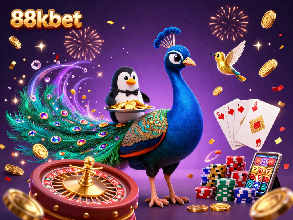 Experience vibrant gameplay and jackpots with 88kbet in a dazzling casino scene featuring colorful characters.