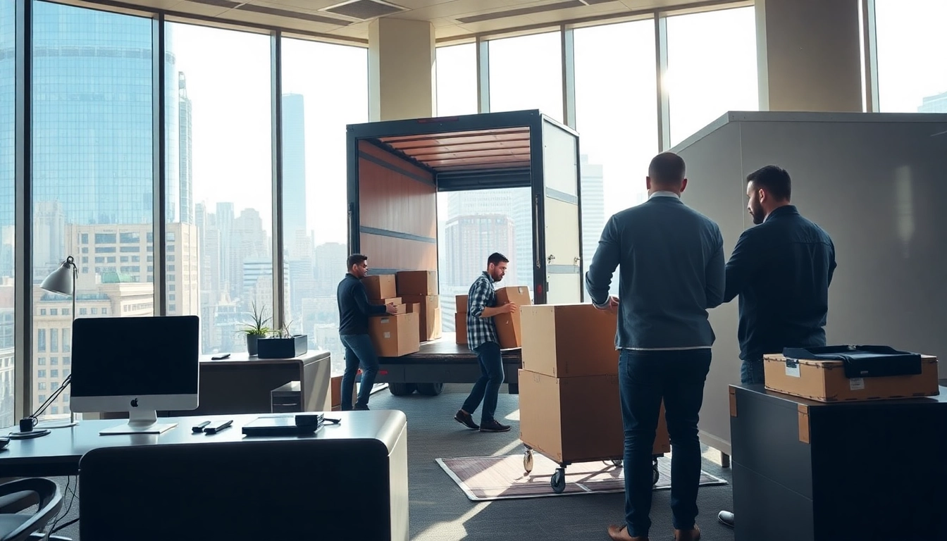 Efficient commercial moving services NYC team loading office equipment in a vibrant NYC setting.