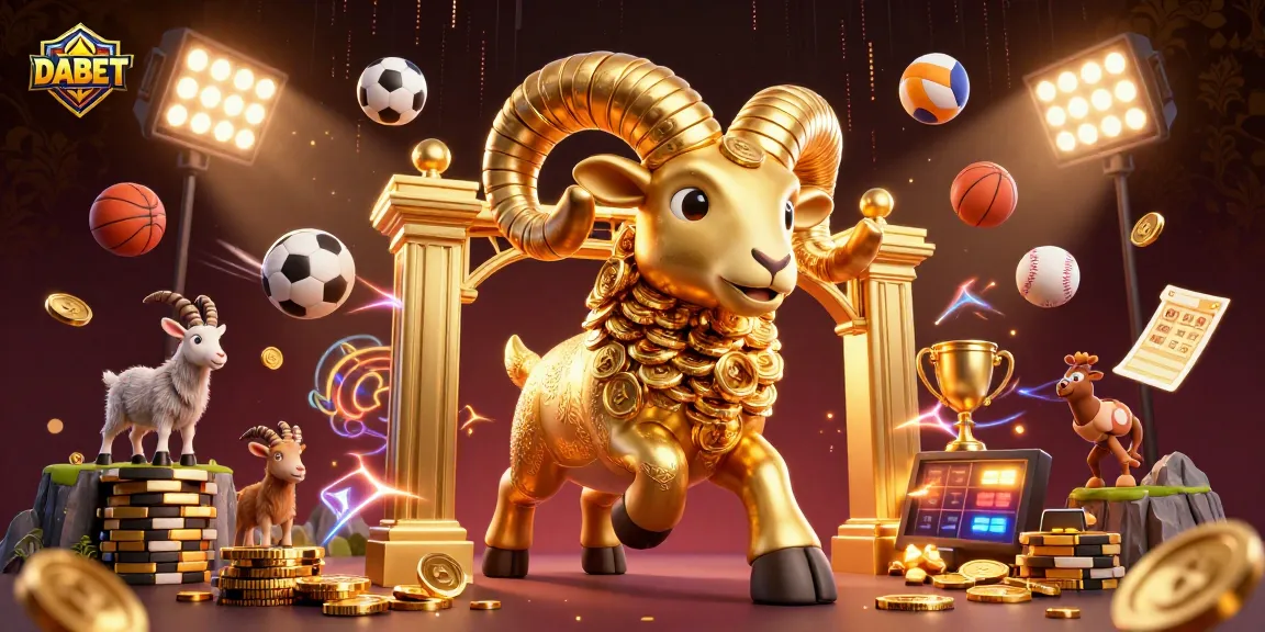 DABET showcases a dynamic sports betting illustration with a charging golden ram, exciting sports elements, and a vibrant casino atmosphere.
