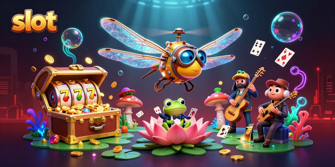 Spin the slot reels while enjoying a vibrant casino scene with a dragonfly pilot and frog croupier.