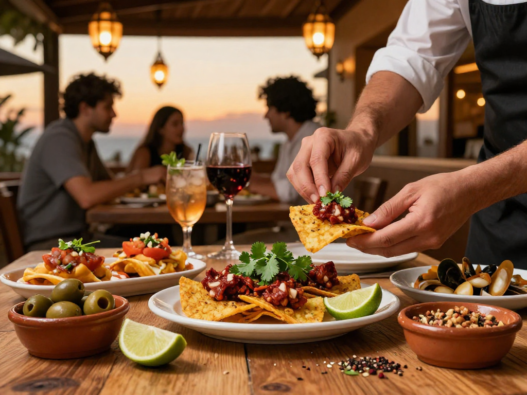 Delicious tapas tortilla chips con chorizo near me served at a vibrant restaurant with a cozy ambiance.