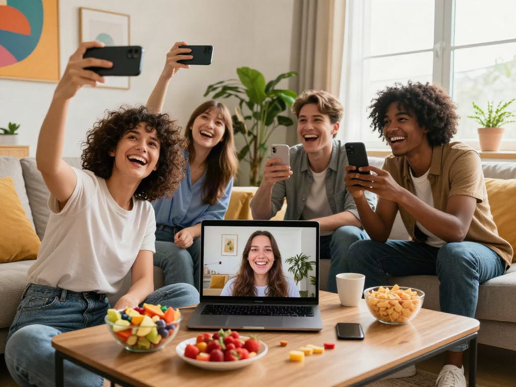 Friends having fun while discovering how old do I look with a facial age estimator on a laptop in a vibrant living room.