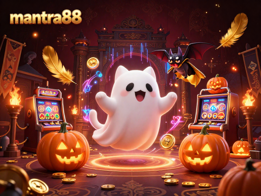 Experience the excitement of mantra88 with a floating ghost cat and vampire bat in a haunted casino scene.