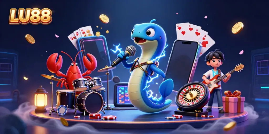 LU88 showcases a lively underwater casino stage where an electric eel DJ performs, bringing excitement to the gaming experience.
