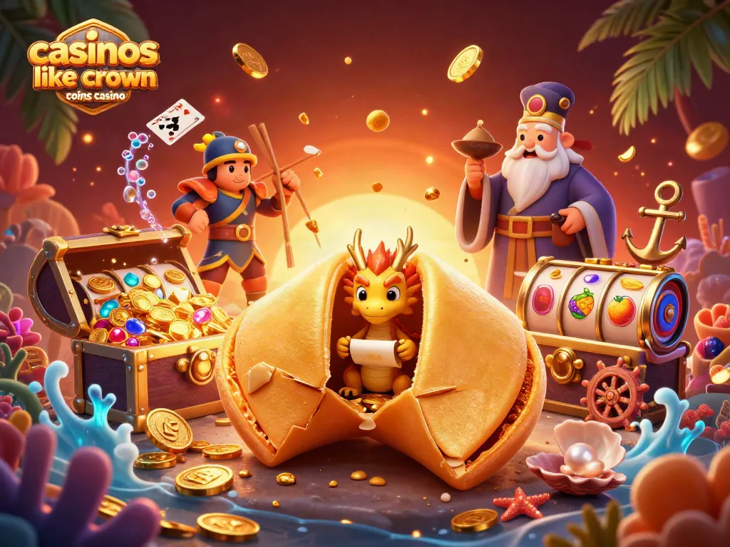 Experience the excitement of casinos like Crown Coins Casino with golden fortunes, game elements, and dynamic character interactions.