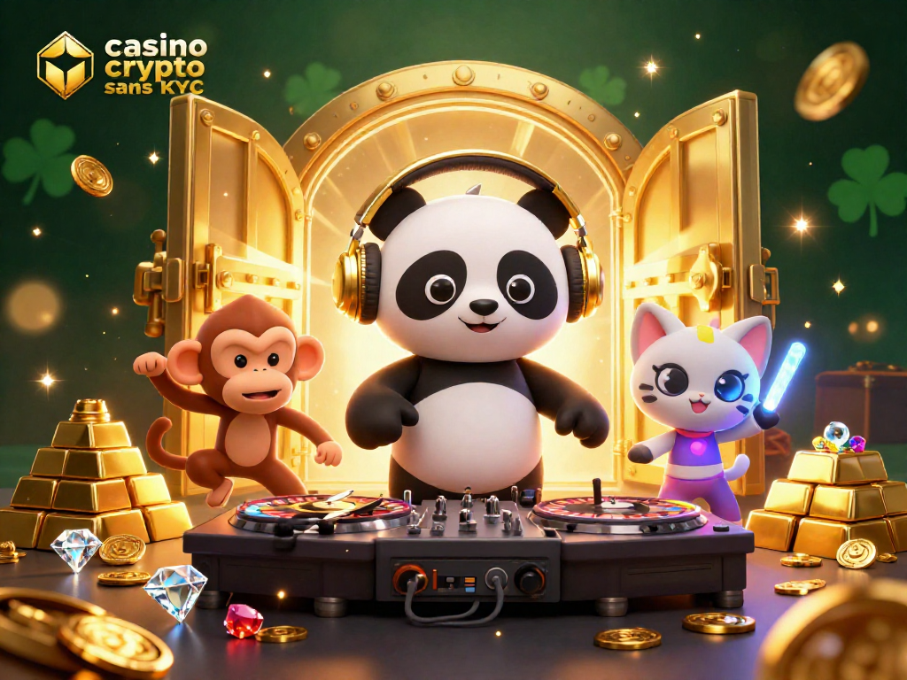 Vivez l'excitation d'un casino crypto sans KYC avec des personnages animés dans une scène dynamique et riche.