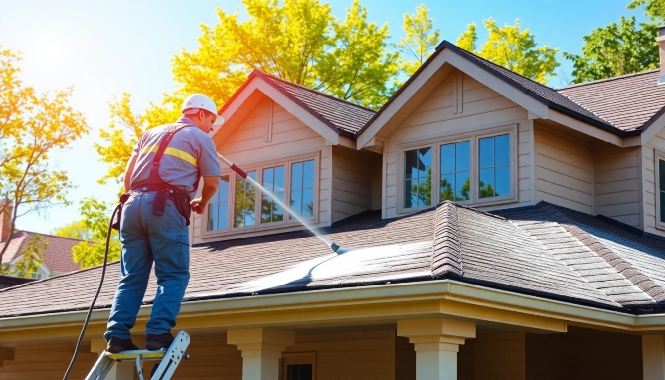 Roof Cleaning process being performed on a house roof, illustrating effective cleaning techniques.