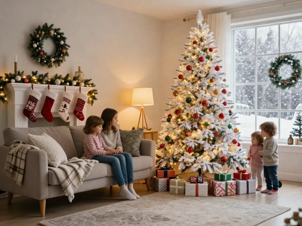 Family enjoying cozy living room with artificial white xmas trees and decor.