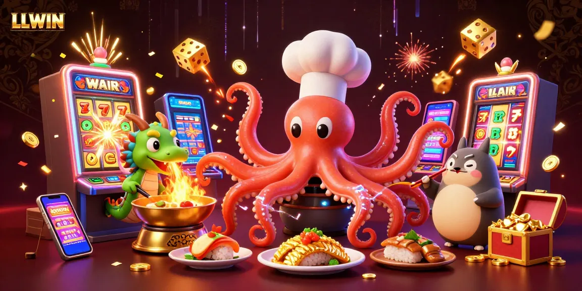 LLWIN's vibrant casino illustration showcasing an octopus chef and dragon amidst slot machines and dynamic game elements.