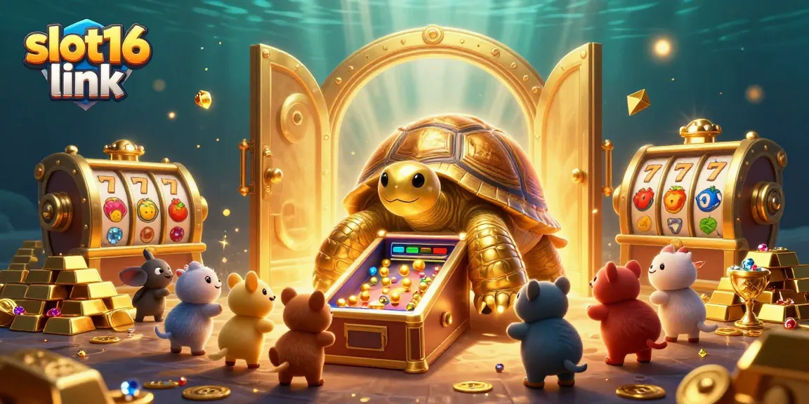 Play slot16 link at the golden tortoise's jackpot pinball machine amidst gems and treasures.