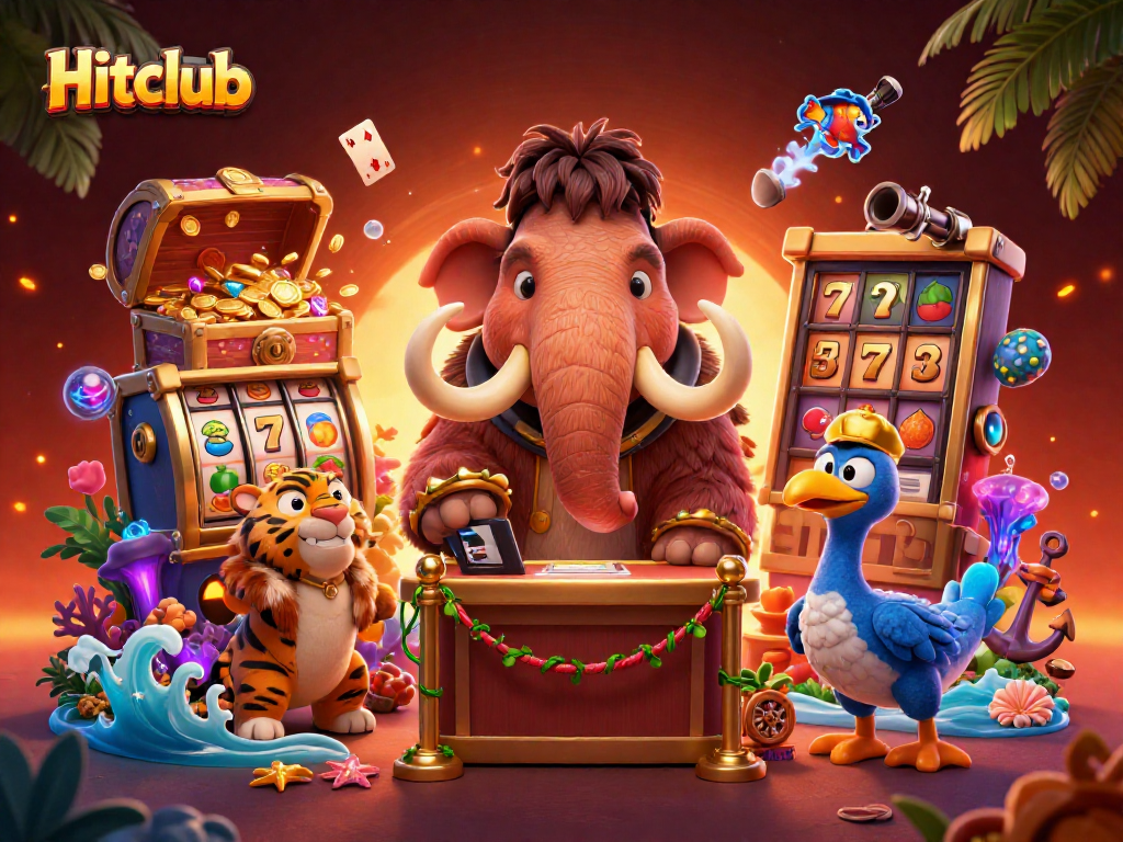 Hitclub showcases a vibrant casino scene with a mammoth bouncer, tiger guest, and dodo doorman, enriching player excitement.