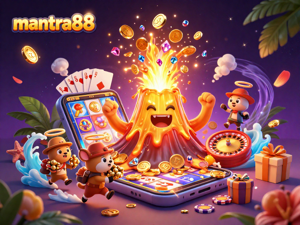 Experience the excitement of mantra88 with a vibrant illustration of a golden volcano eruption showering treasures while players engage in thrilling casino games.