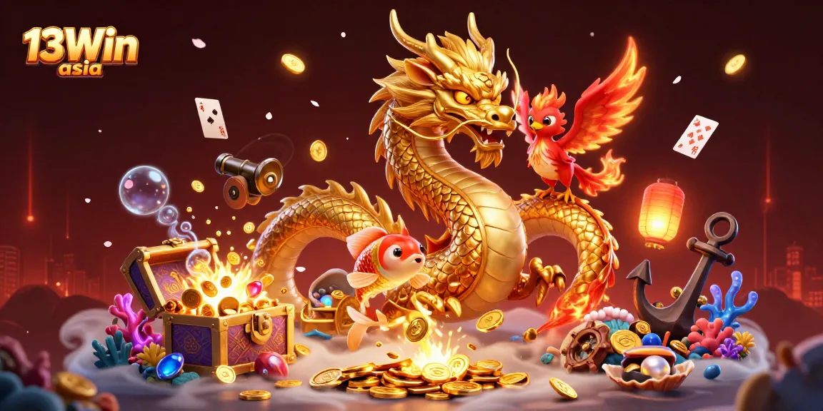 Experience the excitement of 13Win asia with a dynamic illustration showcasing casino elements and mythical creatures.
