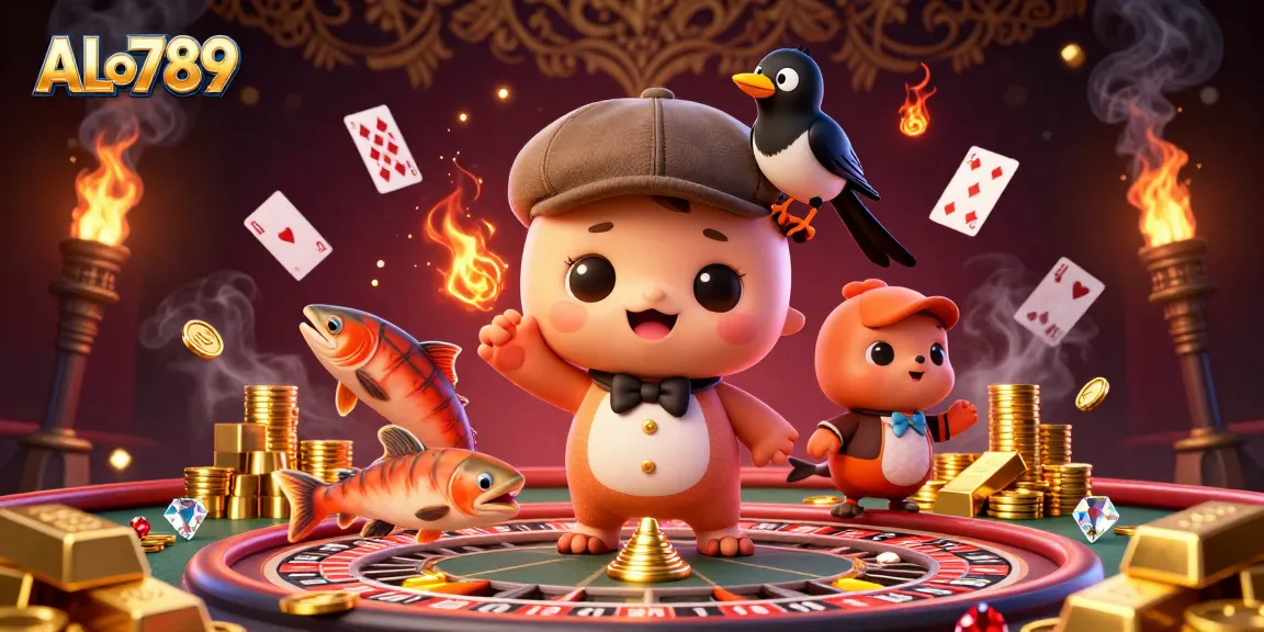 Experience thrilling gambling action with ALo789 in a vibrant 3D illustration featuring Nessie, a magpie, and salmon.