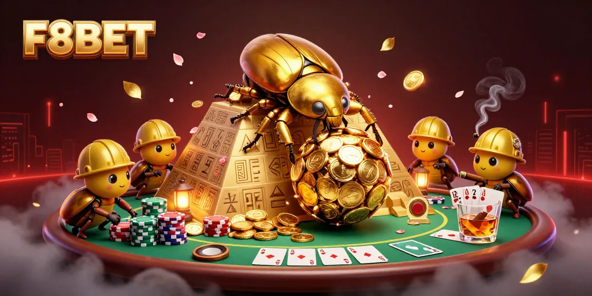 Experience F8BET with action-packed casino illustration featuring golden beetles, chips, and poker elements.