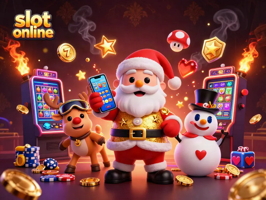Experience thrilling slot online games with Santa, reindeer, and a snowman in a vibrant casino scene.