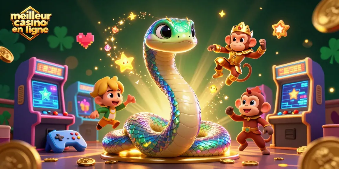 Découvrez le meilleur casino en ligne avec une illustration vibrante et ludique, mettant en scène un serpent arc-en-ciel et un roi singe.