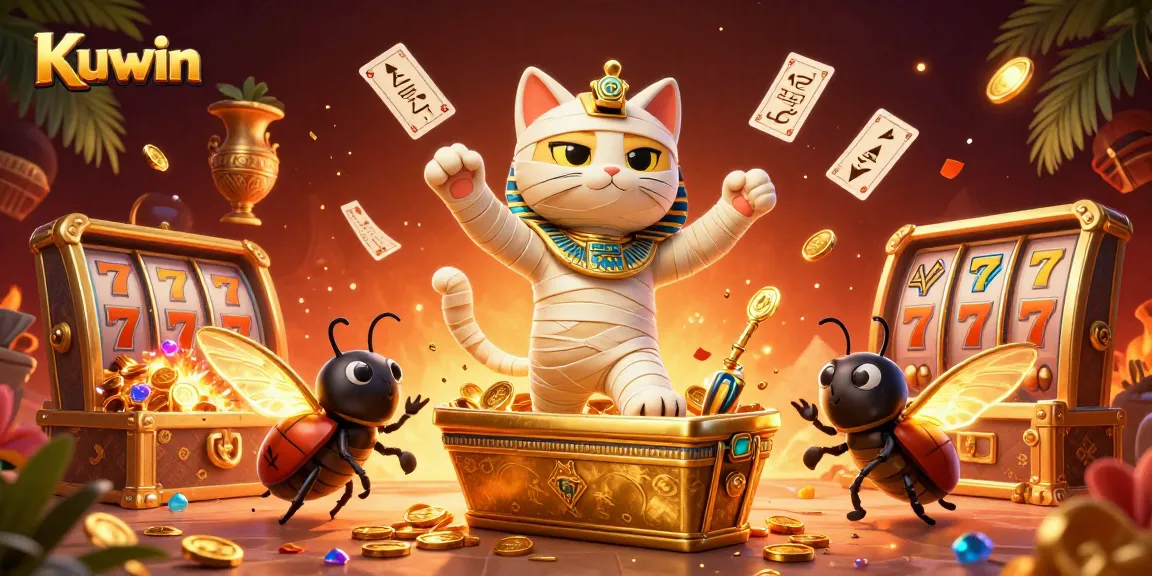 Kuwin brings excitement with a lively scene featuring a cartoon Egyptian mummy cat and colorful slot elements.