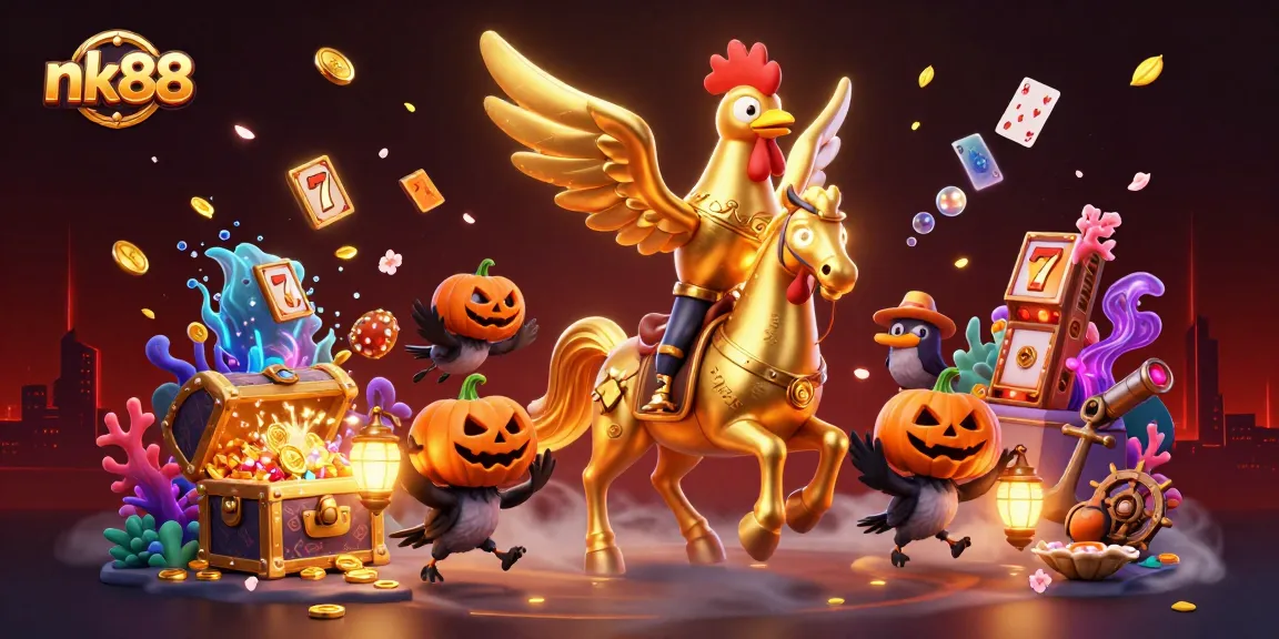 Experience thrilling gaming at nk88 with a golden rooster in a mystic midnight casino scene filled with treasures.