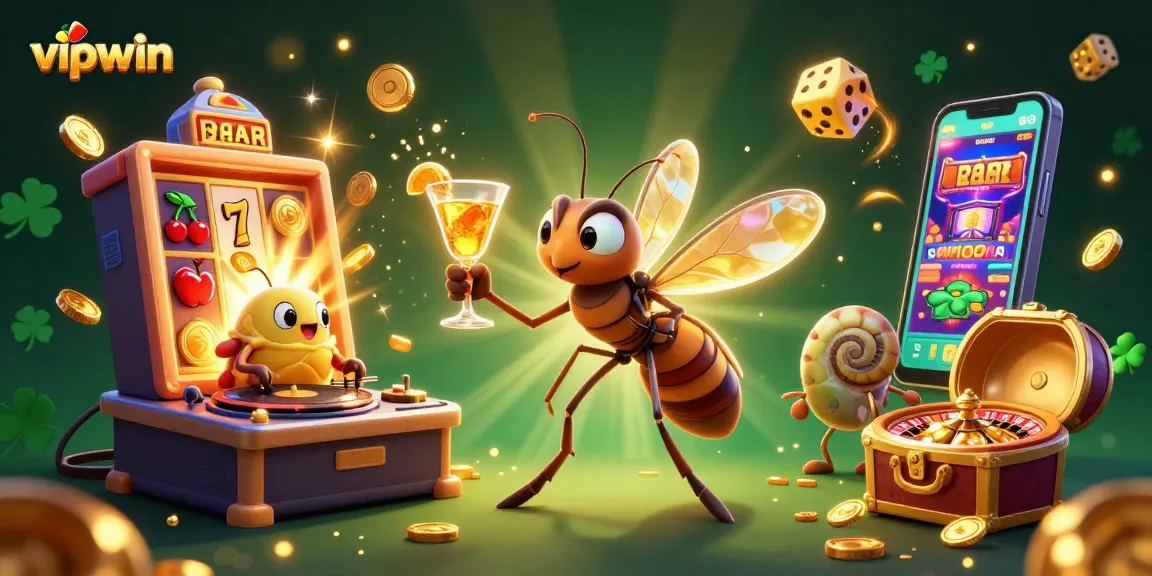 Experience the thrill of vipwin as a frozen-in-amber mosquito mascot brings luck at a vibrant casino scene.