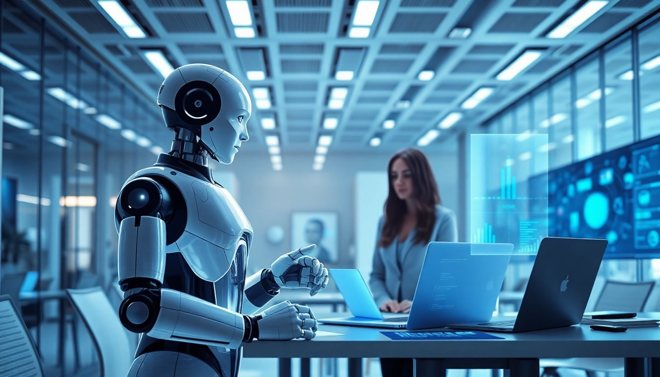 Visual representation of Ai agents facilitating collaboration in a modern workspace setting.