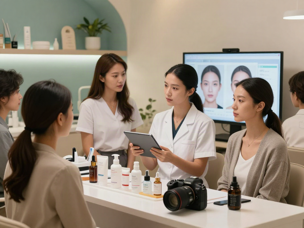 ClinicEvo vs QOVES facial analysis interaction in a modern beauty studio