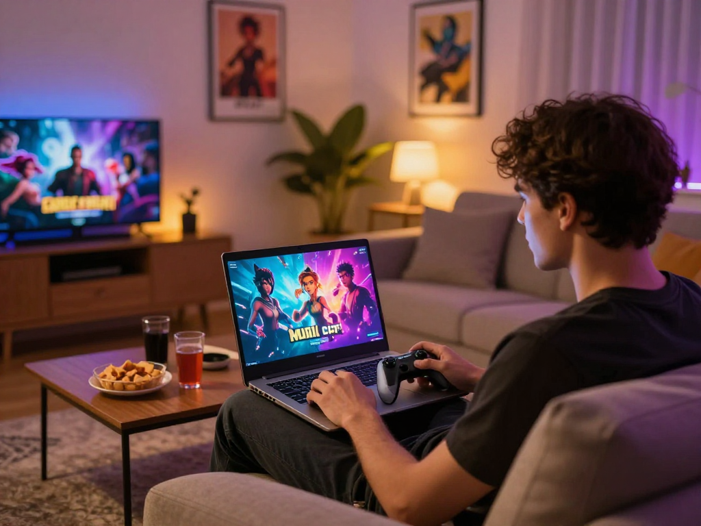 Engaging moment in a real sex game setting with a player immersed in immersive gameplay in a vibrant living room.