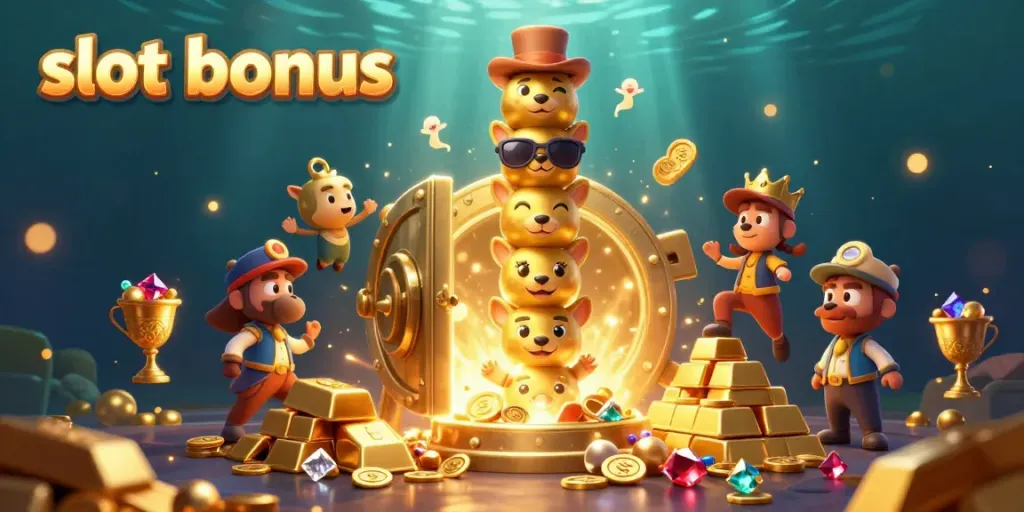 Experience the excitement of a slot bonus with vibrant treasures and a whimsical totem in this detailed casino scene.