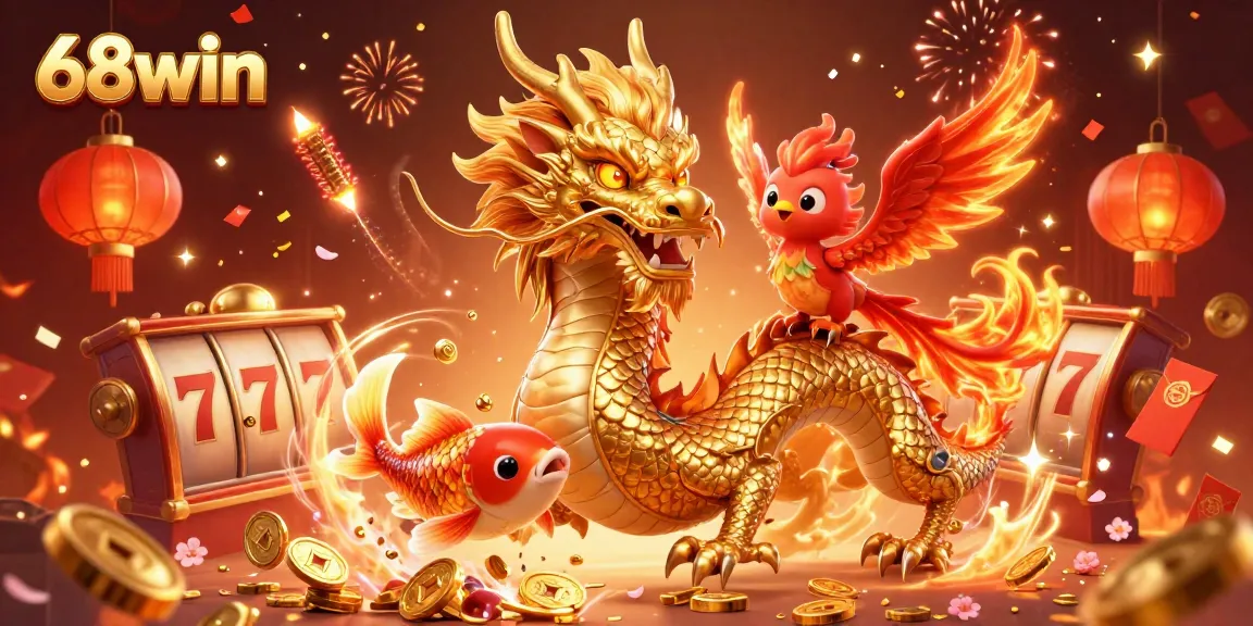 Join the action at 68win, featuring a powerful dragon, phoenix, and koi fish celebrating casino games.