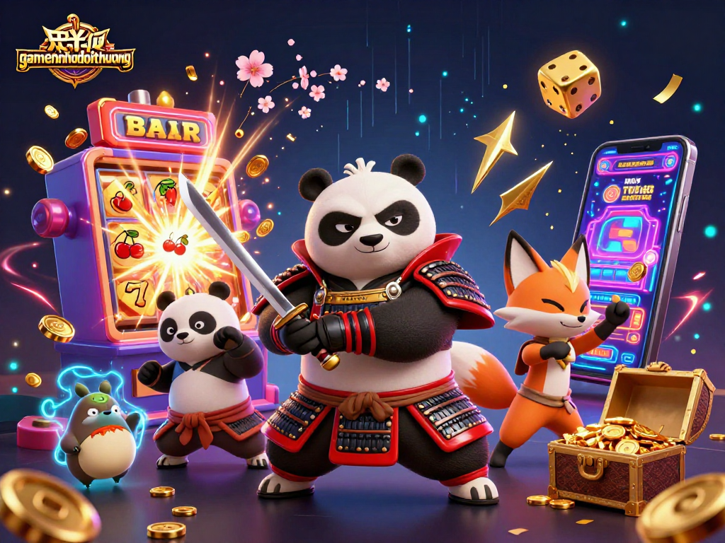 Experience the excitement of gamenohudoithuong with vibrant casino elements and characters celebrating a jackpot.