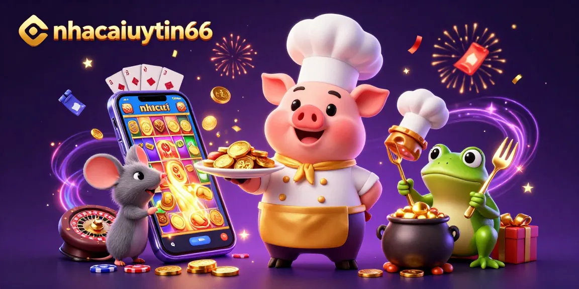 Experience thrilling gaming at nhacaiuytin66 with gold coins, vibrant slots, and engaging characters celebrating success.