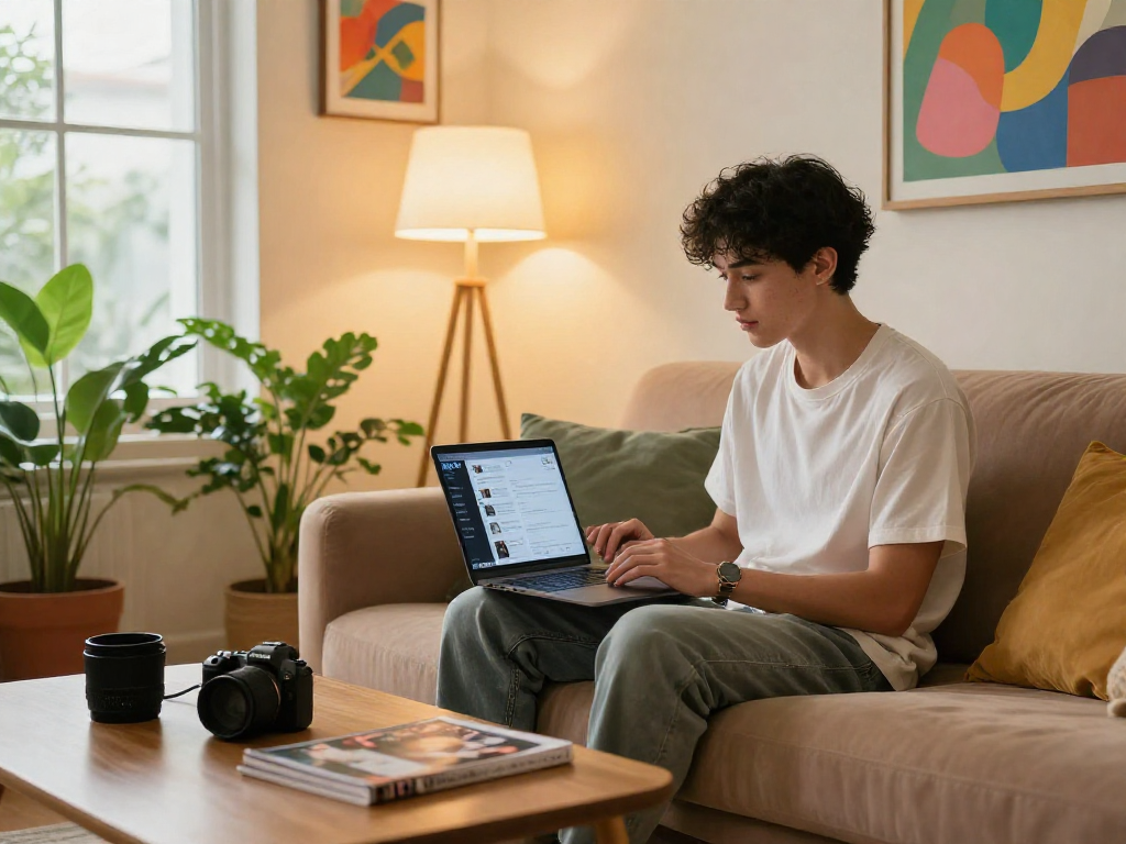 Young adult using AI 18+ app in a modern living room, showcasing a trendy lifestyle.