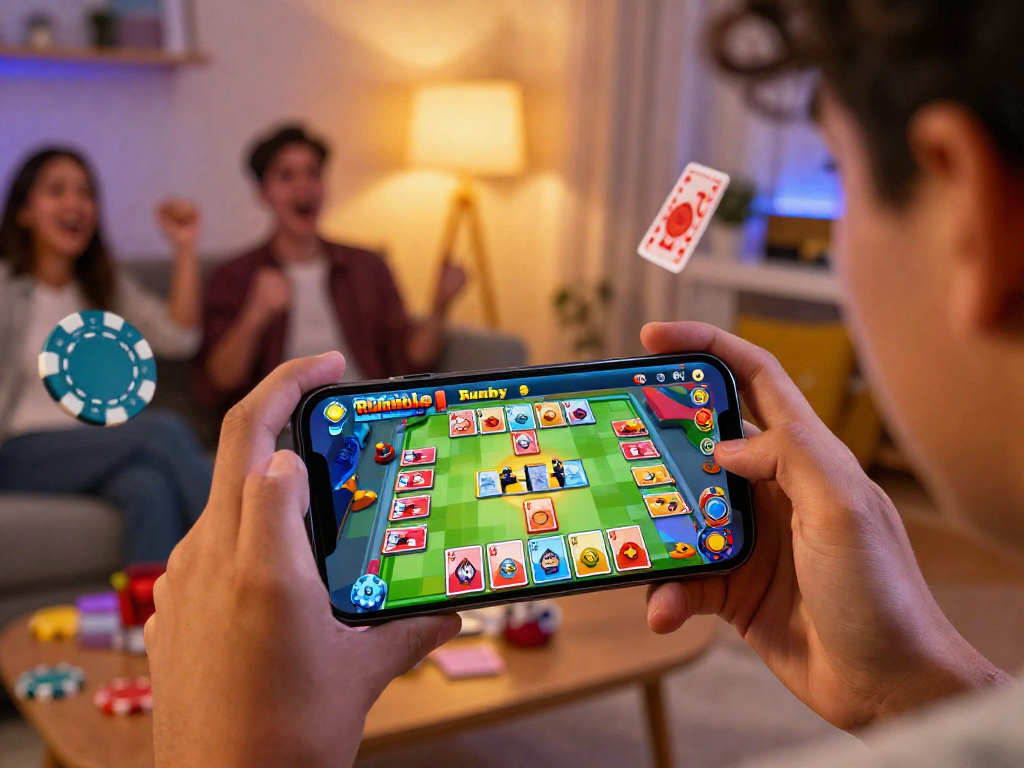 Engaged player enjoying ramble rummy on mobile in a lively gaming atmosphere.