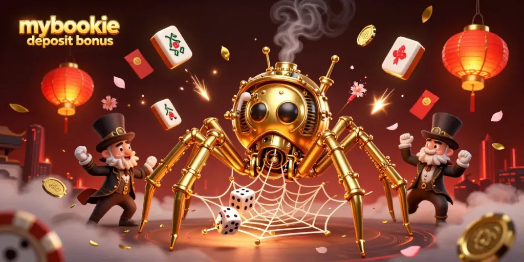 Join the action with mybookie deposit bonus, featuring a golden spider and fly gentleman in a bustling casino themed scene.