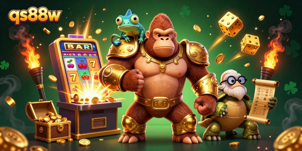 Engage with qs88w as the king gorilla and his companions celebrate a casino jackpot.