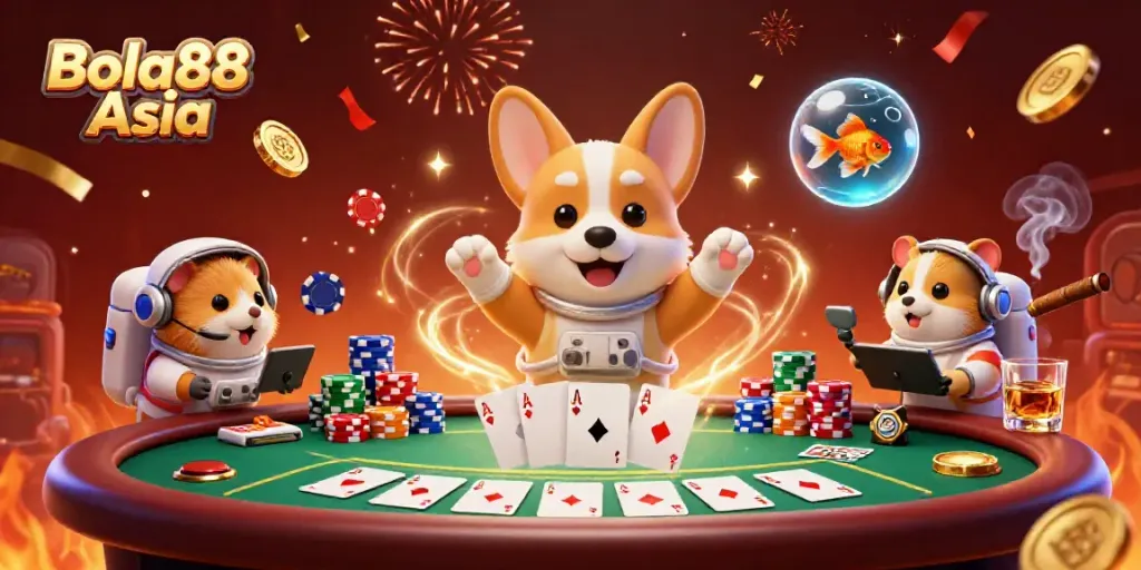 Bola88 Asia showcases vibrant gaming in a 3D illustration with a corgi, hamster, and goldfish in a casino.