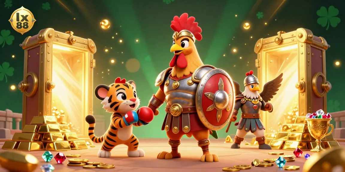 Experience exciting gameplay at lx 88, where a gladiator rooster and friends celebrate big wins with treasure!