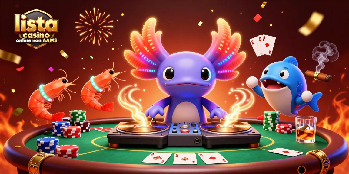 Illustrazione di un DJ axolotl che suona in un casinò, rappresentando la lista casino online non AAMS.