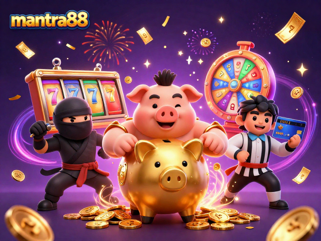Experience the thrill with mantra88's gaming adventures featuring a sumo piggy bank and dynamic casino elements.