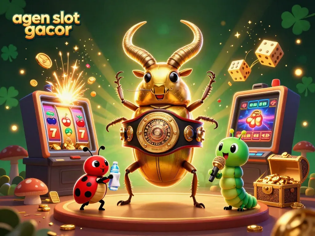 Experience the excitement of agen slot gacor with a whimsical showdown featuring cartoon insect characters and casino elements.
