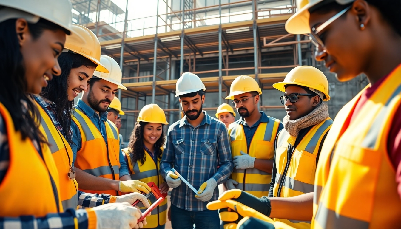 Engaged apprentices in a construction apprenticeship san antonio, actively learning on-site with tools.