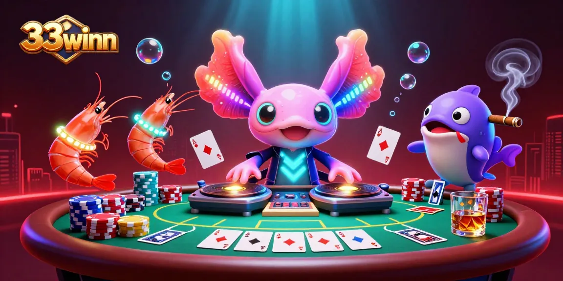 Join the fun with 33winn as a vibrant axolotl DJ spins records amidst a colorful poker scene.