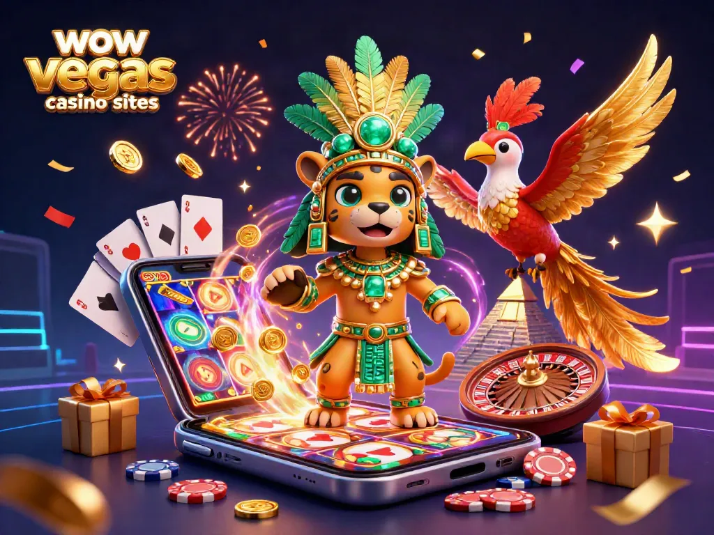 Win big with wow vegas casino sister sites in a vibrant 3D casino scene featuring gold coins and dynamic slot games.