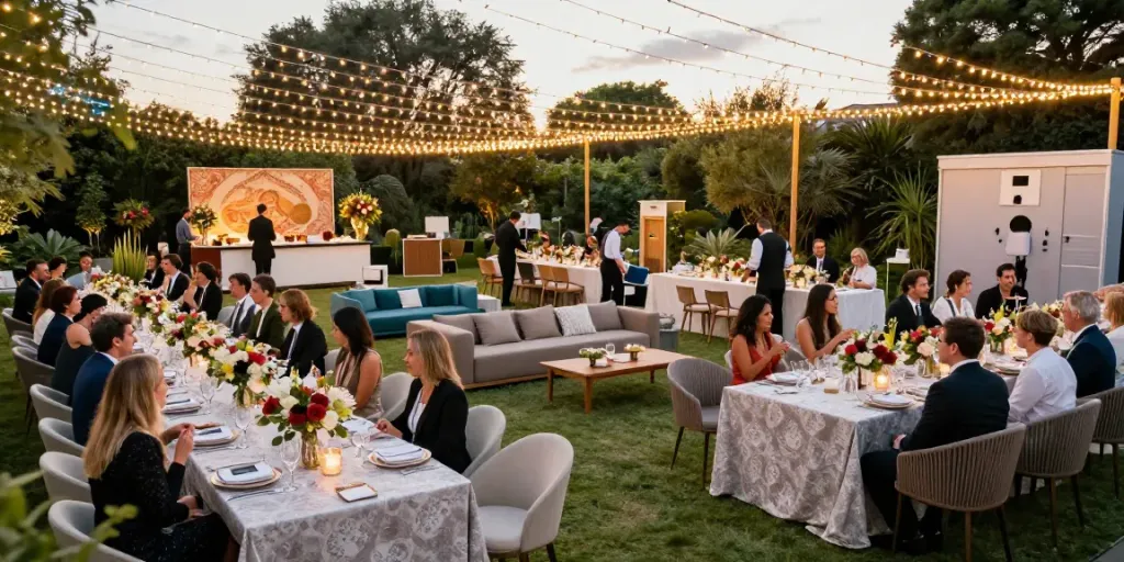 Event furniture rental for elegant gala dinner showcasing stylish tables and lounge setups in a beautiful outdoor garden.