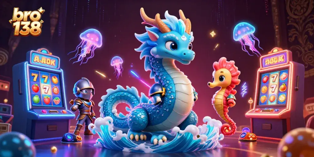 Experience fun and thrill with bro 138 in a vibrant 3D casino scene featuring unique characters and games.