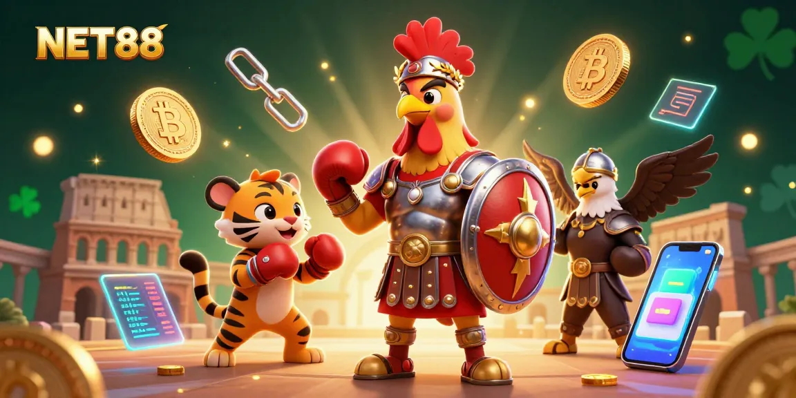 Engage with NET88's thrilling crypto adventure featuring gladiator rooster and tiger cub!