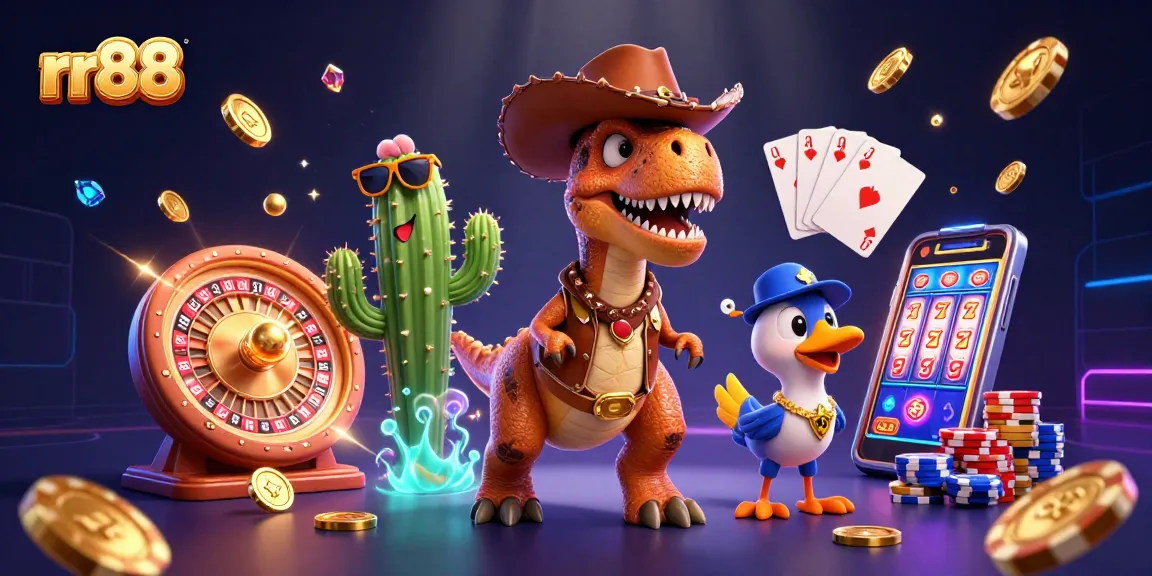 Experience thrilling gaming at rr88 with our 3D cartoon characters amidst vibrant casino elements.