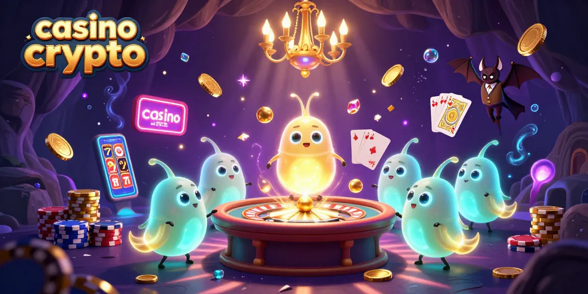 Una escena de casino crypto vibrante, con luciérnagas iluminando mesas de juego y un crupier murciélago.