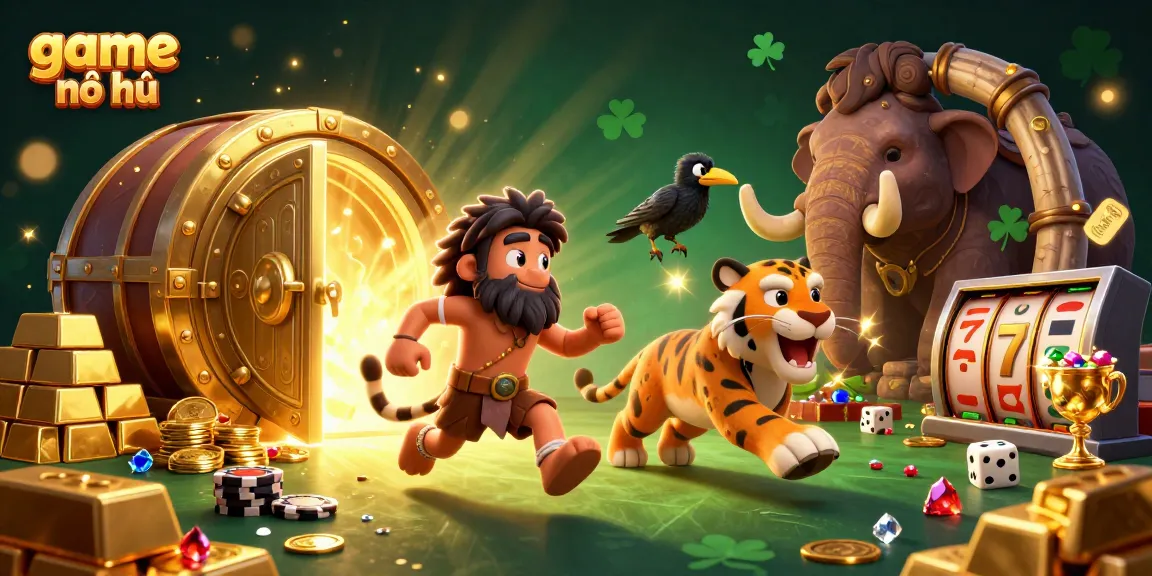 Experience game nổ hũ in an ultra-detailed casino scene with cavemen and treasures.