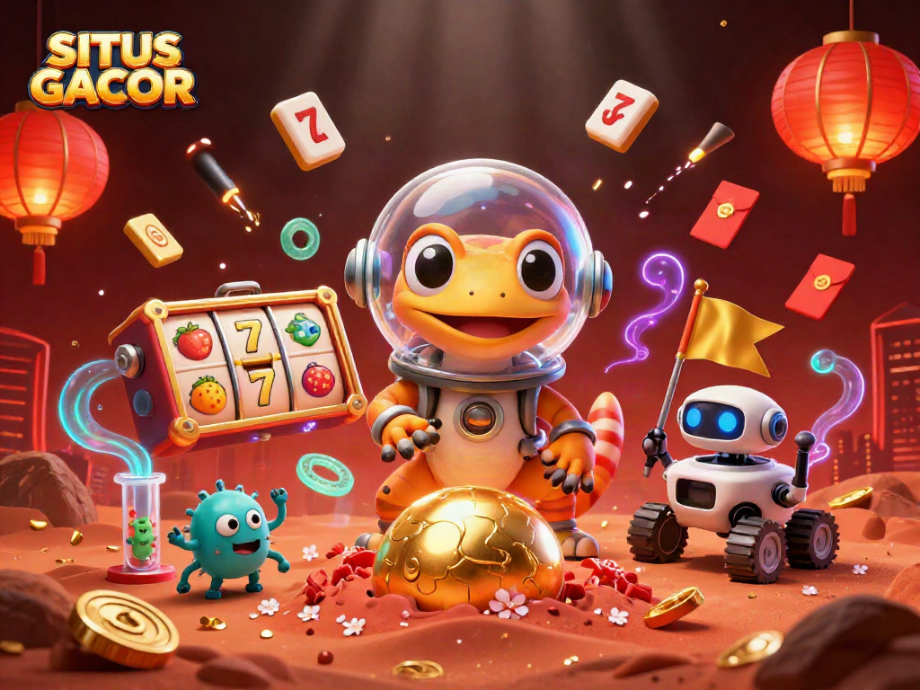 SITUS GACOR features a vibrant 3D scene of a Martian gecko uncovering a golden casino with dynamic slot reels.